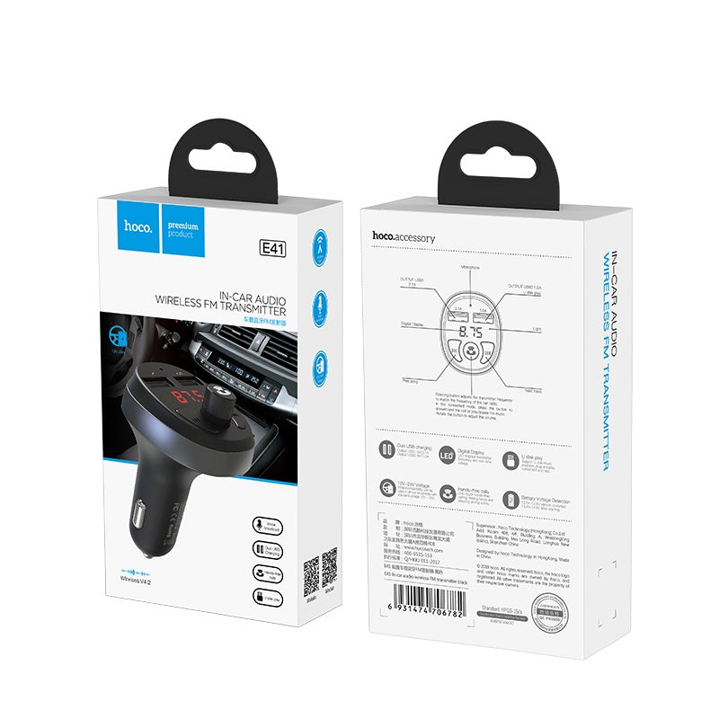 Transmiteris Hoco E41 Bluetooth MP3 grotuvas/FM bangų moduliatorius (laisvų rankų įranga, microSD, SD, 2xUSB, LCD, 3.1A įkroviklis)