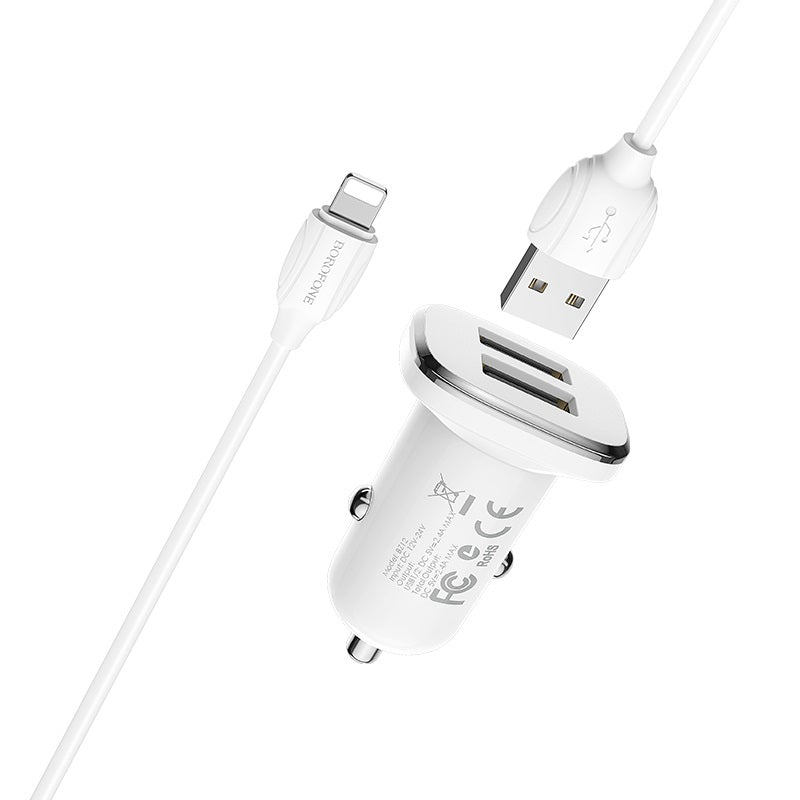 Automobilinis įkroviklis Borofone BZ12 USB + Lightning (2.4A) baltas