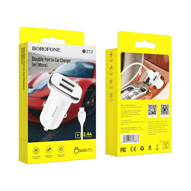 Automobilinis įkroviklis Borofone BZ12 USB + Lightning (2.4A) baltas