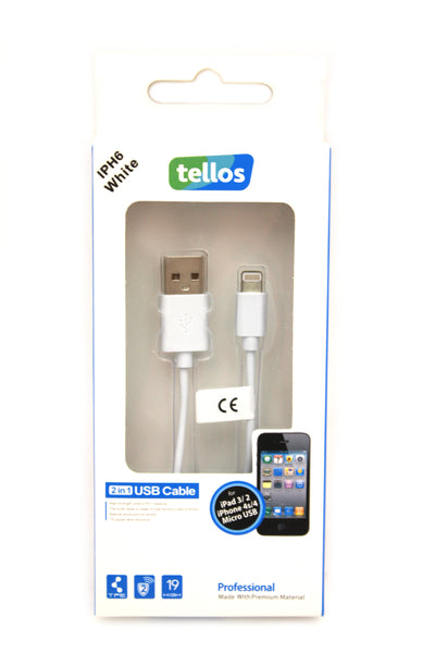 Balta dėžutė su "Tellos" USB kabeliu ir telefono paveikslėliu, dominuoja mėlyna ir balta spalvos.