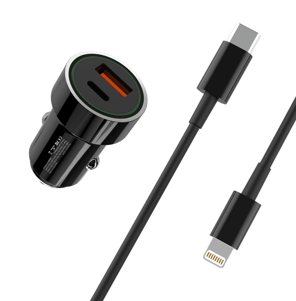 Automobilinis įkroviklis XO TZ11 su USB jungtimi Quick Charge 3.0 20W + PD su kabeliu Type-C-Lightning juodas