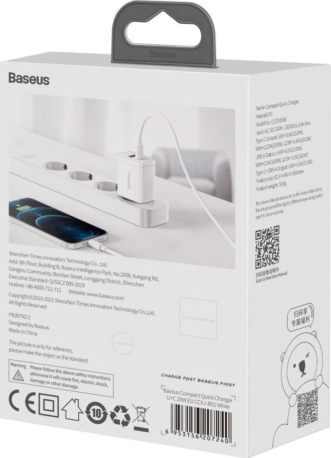 Įkroviklis Baseus USB + Type-C 20W baltas CCXJ-B02