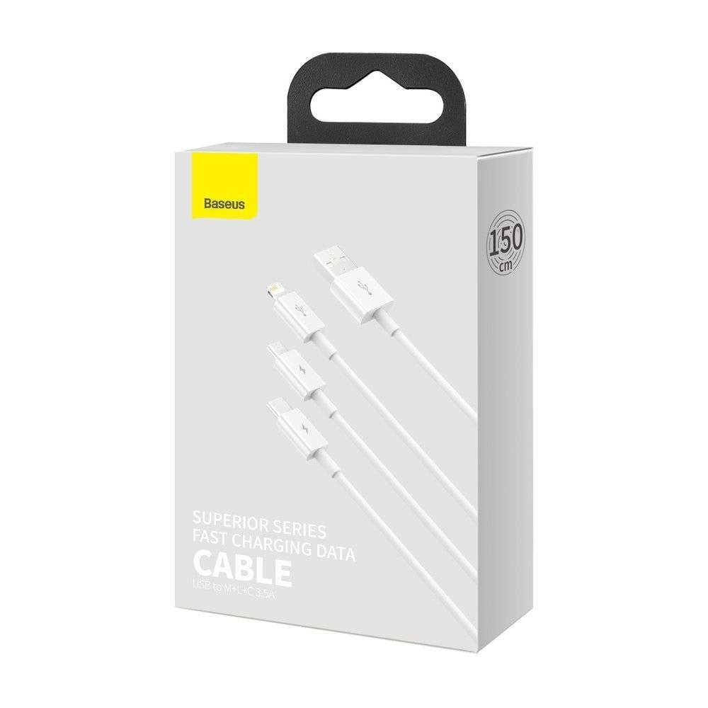 Kabelis Baseus Superior iš USB į microUSB+Lightning+Type-C 3.5A 1.5m baltas CAMLTYS-02