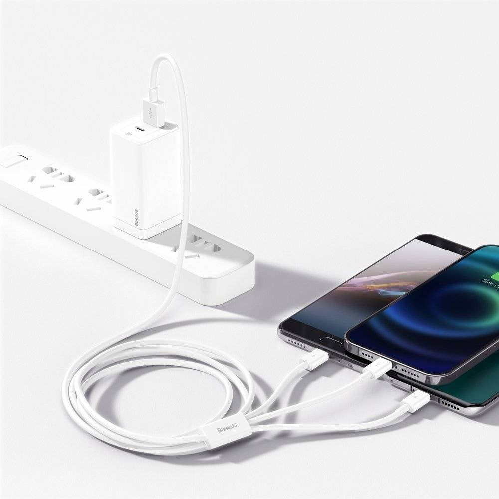Kabelis Baseus Superior iš USB į microUSB+Lightning+Type-C 3.5A 1.5m baltas CAMLTYS-02