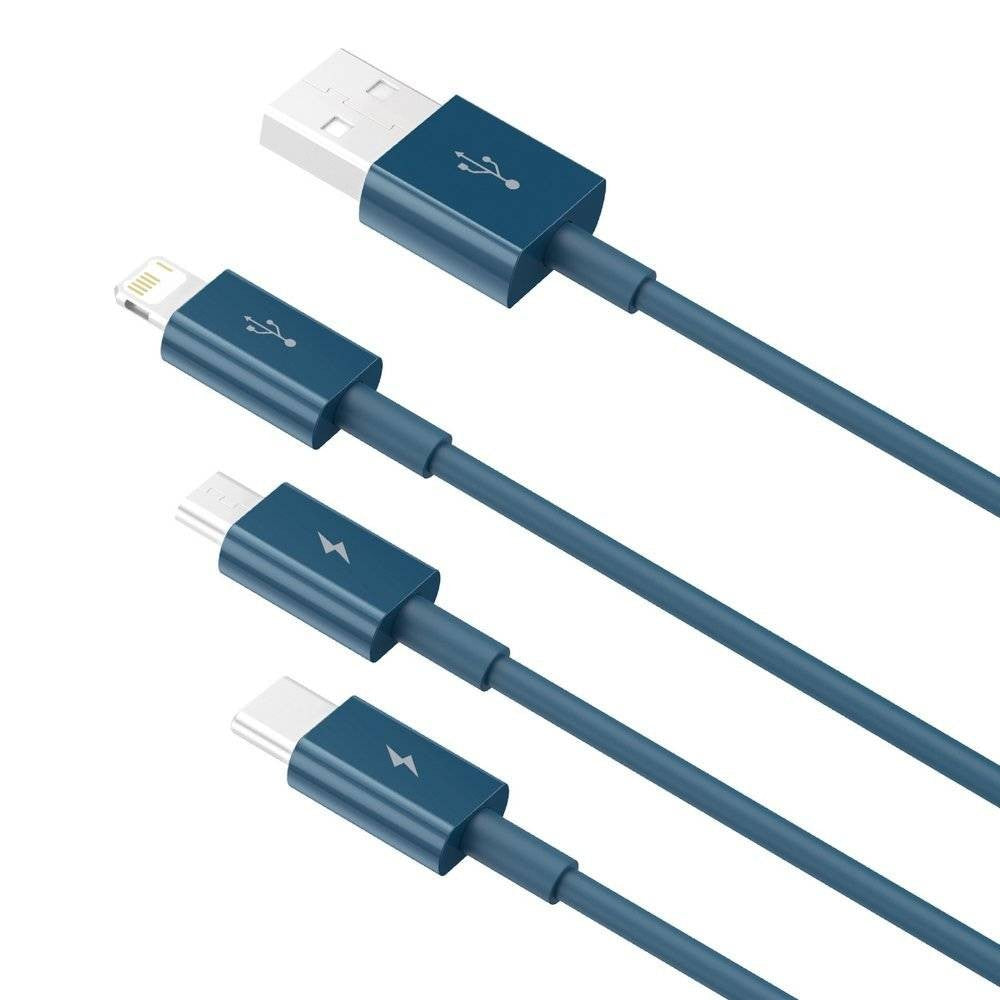 USB kabelis Baseus Superior iš USB į microUSB+Lightning+Type-C 100W 1.5m mėlynas CAMLTYS-03