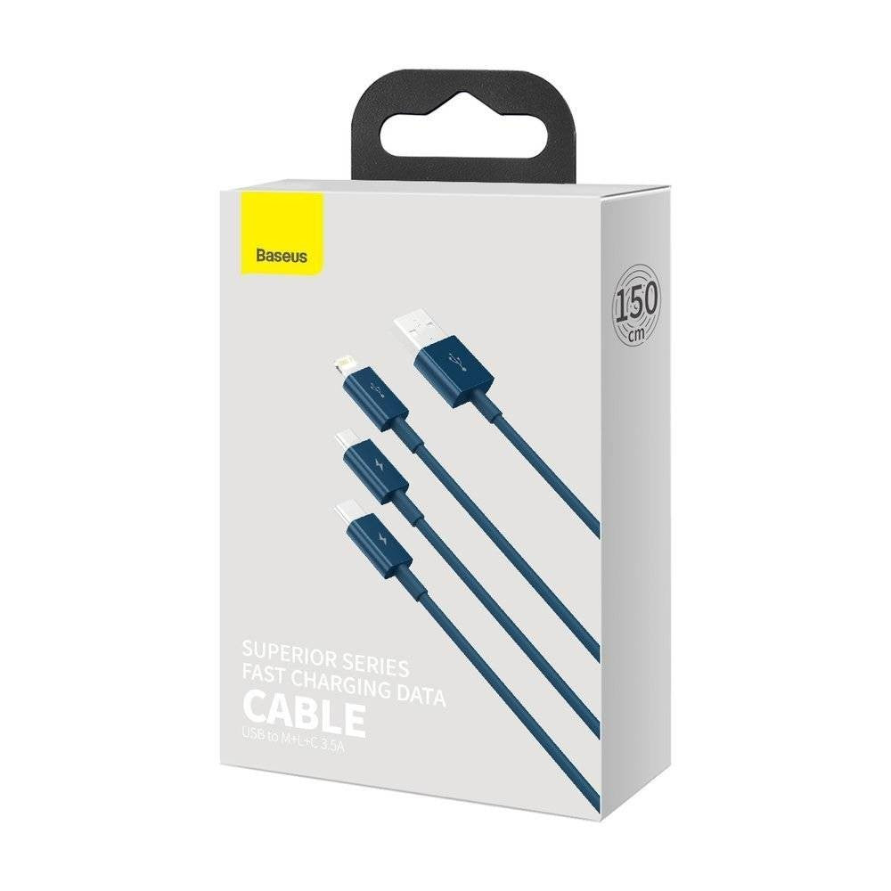 USB kabelis Baseus Superior iš USB į microUSB+Lightning+Type-C 100W 1.5m mėlynas CAMLTYS-03