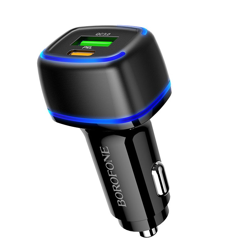 Automobilinis įkroviklis Borofone BZ14A PD20W+QC3.0 su 2 USB jungtimis (Type-C to Lightning) juodas