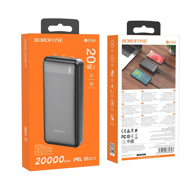Išorinė baterija Power Bank Borofone BJ19A Type-C PD 20W+Quick Charge 3.0 20000mAh juoda