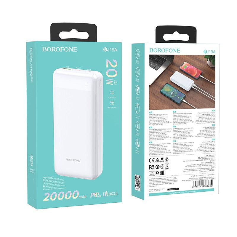 Išorinė baterija Power Bank Borofone BJ19A Type-C PD 20W+Quick Charge 3.0 20000mAh balta