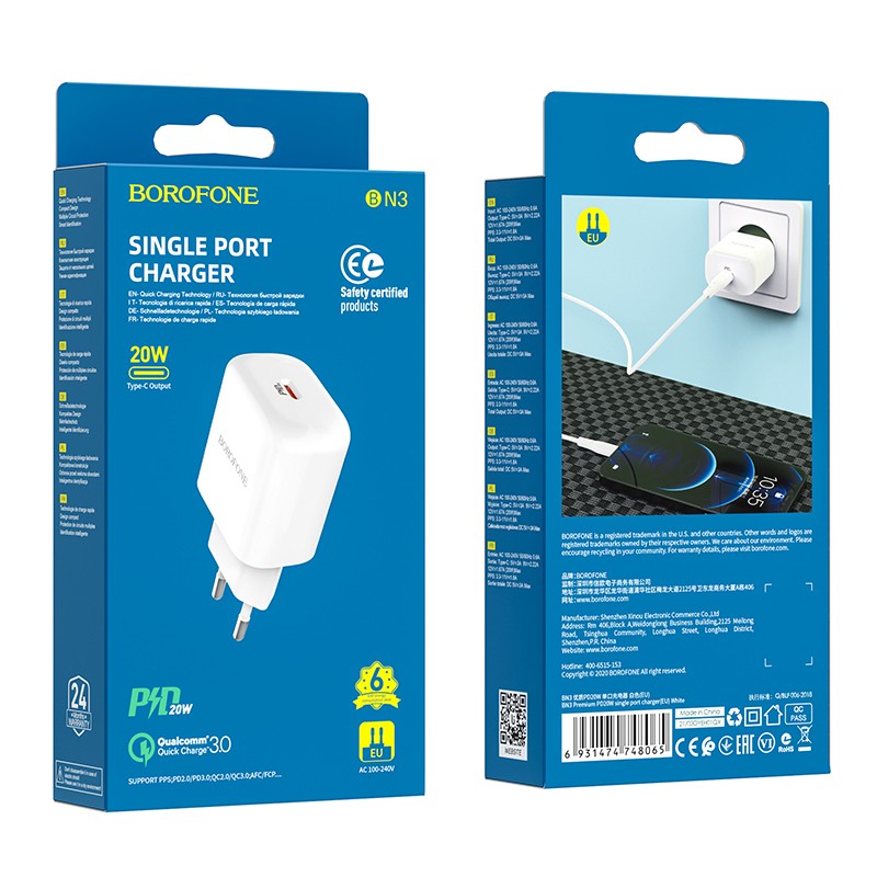 Įkroviklis Borofone BN3 Type-C QC 3.0, PD 2.0 20W, baltas