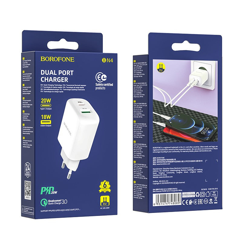 Įkroviklis Borofone BN4 1xUSB, 1xType-C QC 3.0, PD 2.0 20W, baltas