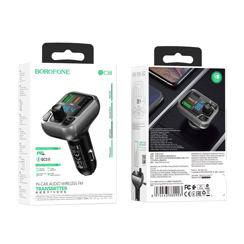 Transmiteris Borofone BC38 Flash Energy PD20W+QC3.0 Bluetooth MP3 grotuvas/FM bangų moduliatorius (laisvų rankų įranga,LCD,2xUSB,1xUSB Type-C) juodas