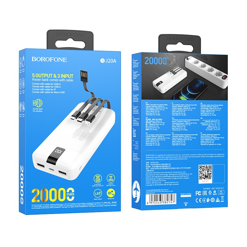 Išorinė baterija Power Bank Borofone BJ20A 5 Output 3 Input 20000mAh balta