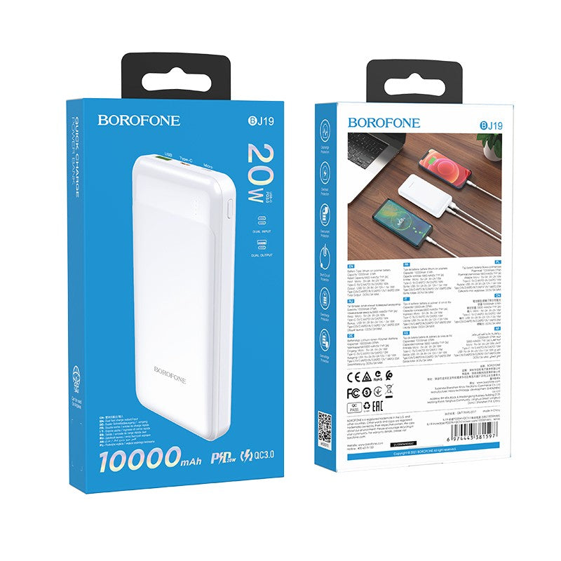 Išorinė baterija Power Bank Borofone BJ19 Type-C PD 20W+Quick Charge 3.0 10000mAh balta