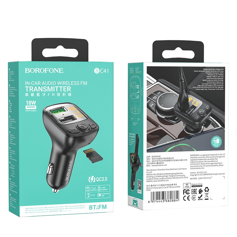 Borofone BC41 Bluetooth MP3 grotuvas/FM bangų moduliatorius (laisvų rankų įranga, microSD, QC3.0 USB-A, USB-A 5V/1A)