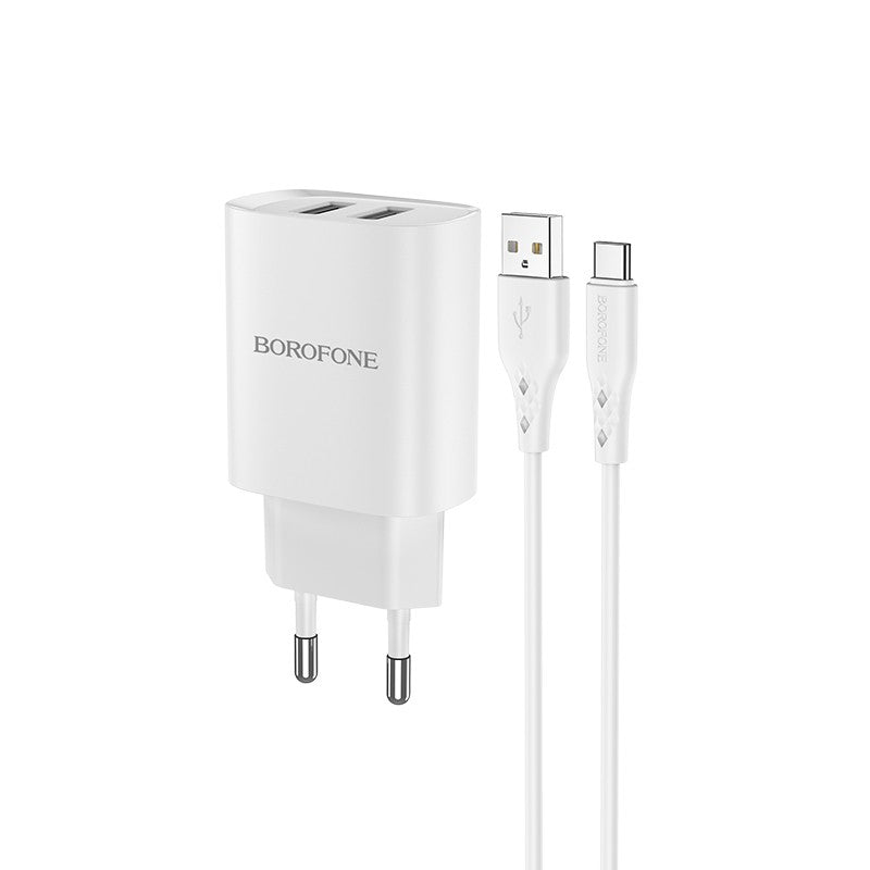 Įkroviklis Borofone BN2 2xUSB 2.1A + USB Type-C, baltas
