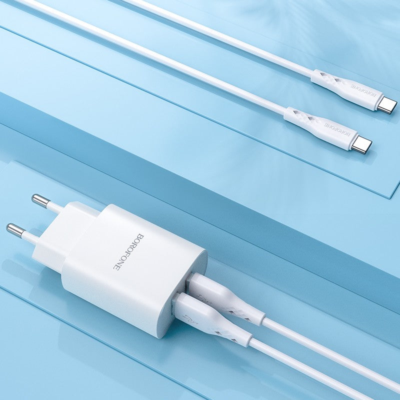 Įkroviklis Borofone BN2 2xUSB 2.1A + USB Type-C, baltas