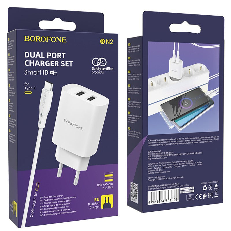 Įkroviklis Borofone BN2 2xUSB 2.1A + USB Type-C, baltas