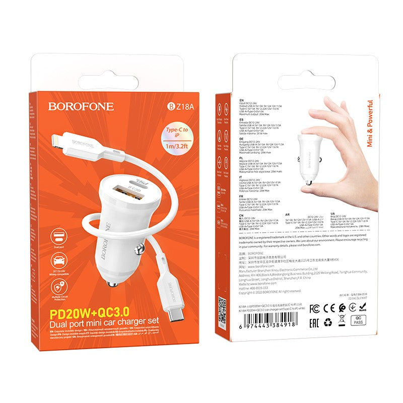 Automobilinis įkroviklis Borofone BZ18A USB-A/Type-C PD20W+QC3.0 + Lightning baltas