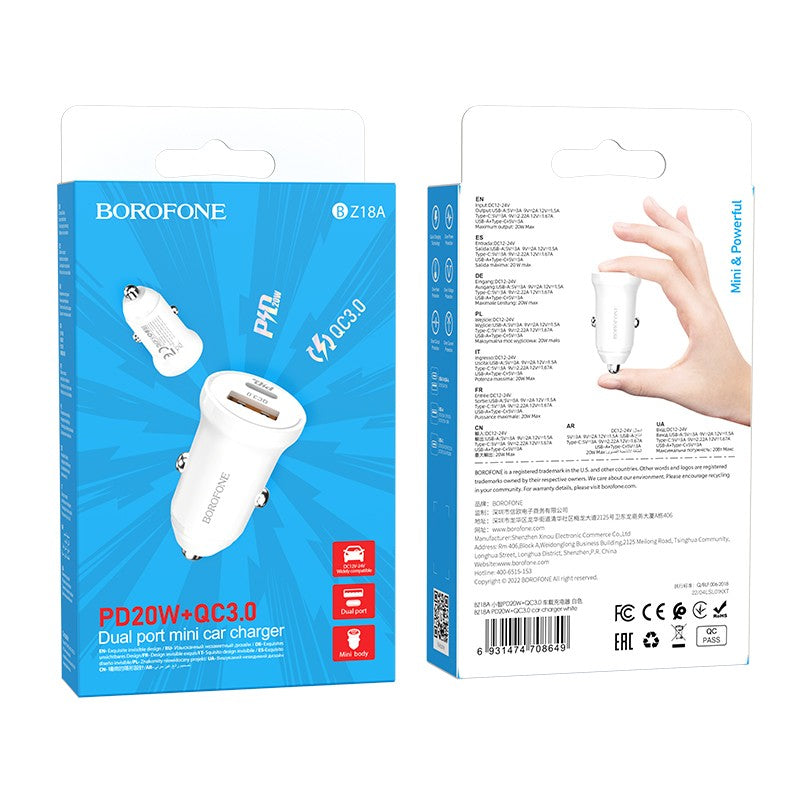 Automobilinis įkroviklis Borofone BZ18A USB-A/Type-C PD20W+QC3.0 baltas