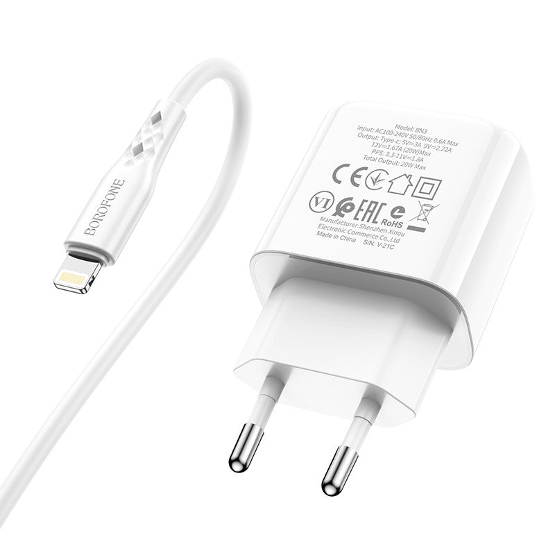 Įkroviklis Borofone BN3 Type-C QC 3.0, PD 2.0 20W + Lightning, baltas