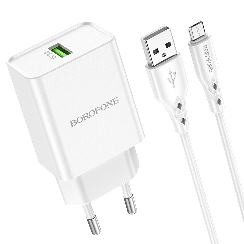Įkroviklis Borofone BN5 QC 3.0 18W + microUSB, baltas