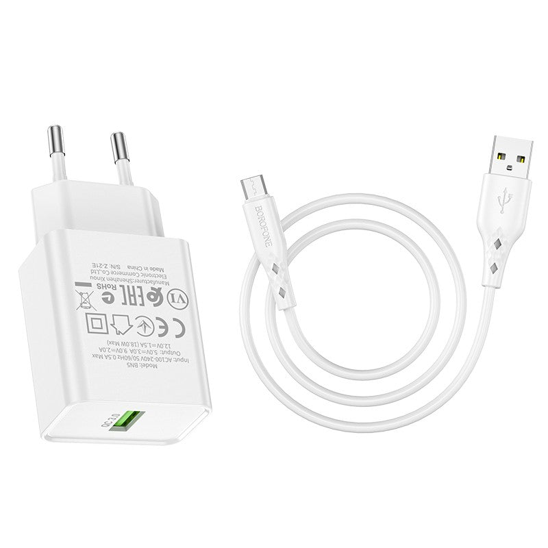 Įkroviklis Borofone BN5 QC 3.0 18W + microUSB, baltas