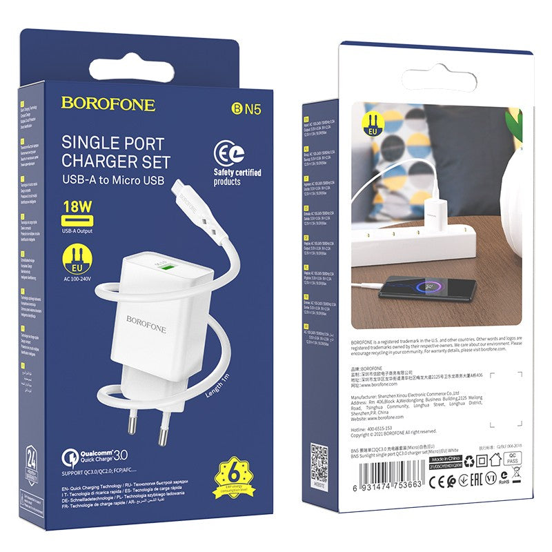 Įkroviklis Borofone BN5 QC 3.0 18W + microUSB, baltas