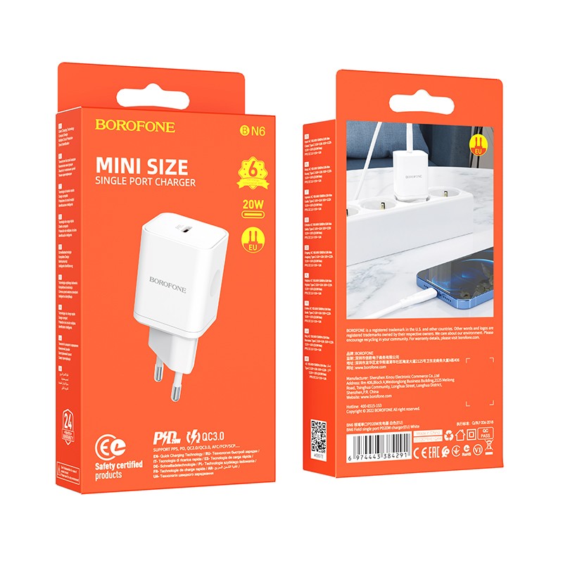 Įkroviklis Borofone BN6 Type-C PD+QC3.0 20W, baltas
