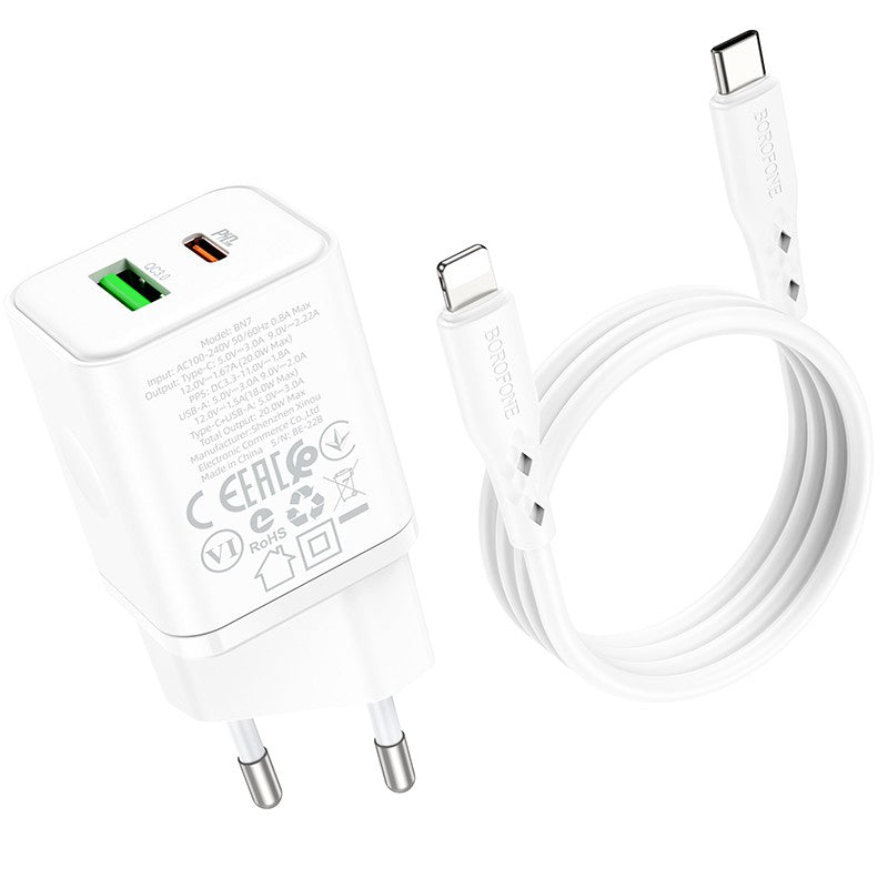 Įkroviklis Borofone BN7 Type-C 20W/USB-A 18W PD20W+QC3.0 + Lightning baltas