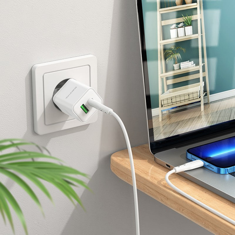 Įkroviklis Borofone BN7 Type-C 20W/USB-A 18W PD20W+QC3.0 + Lightning baltas