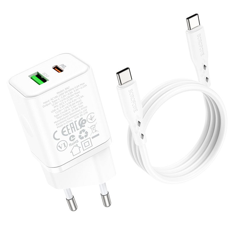 Įkroviklis Borofone BN7 Type-C 20W/USB-A 18W PD20W+QC3.0 + Type-C baltas