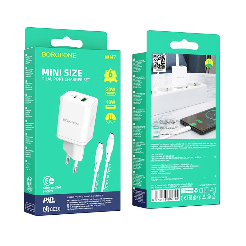 Įkroviklis Borofone BN7 Type-C 20W/USB-A 18W PD20W+QC3.0 + Type-C baltas