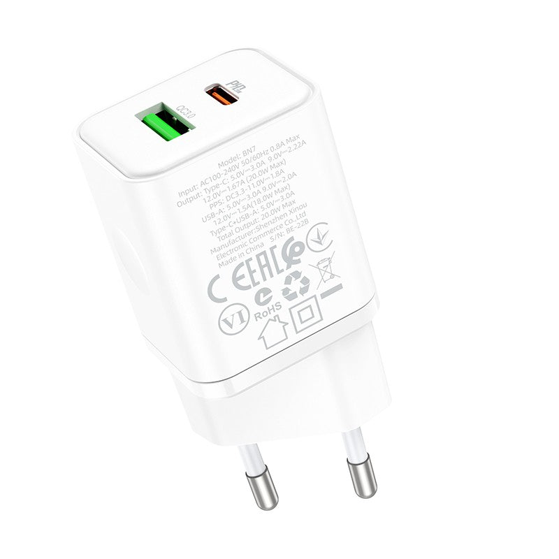 Įkroviklis Borofone BN7 Type-C 20W/USB-A 18W PD20W+QC3.0 baltas