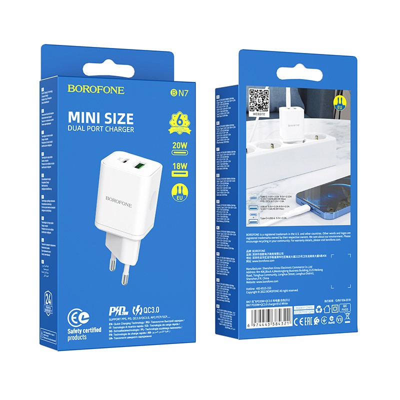 Įkroviklis Borofone BN7 Type-C 20W/USB-A 18W PD20W+QC3.0 baltas