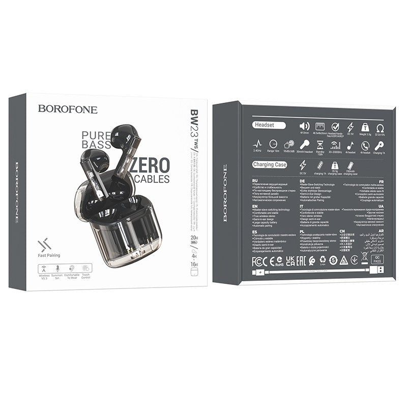 Belaidės ausinės Borofone BW23 Crystal Bean Transparent Edition TWS juodos