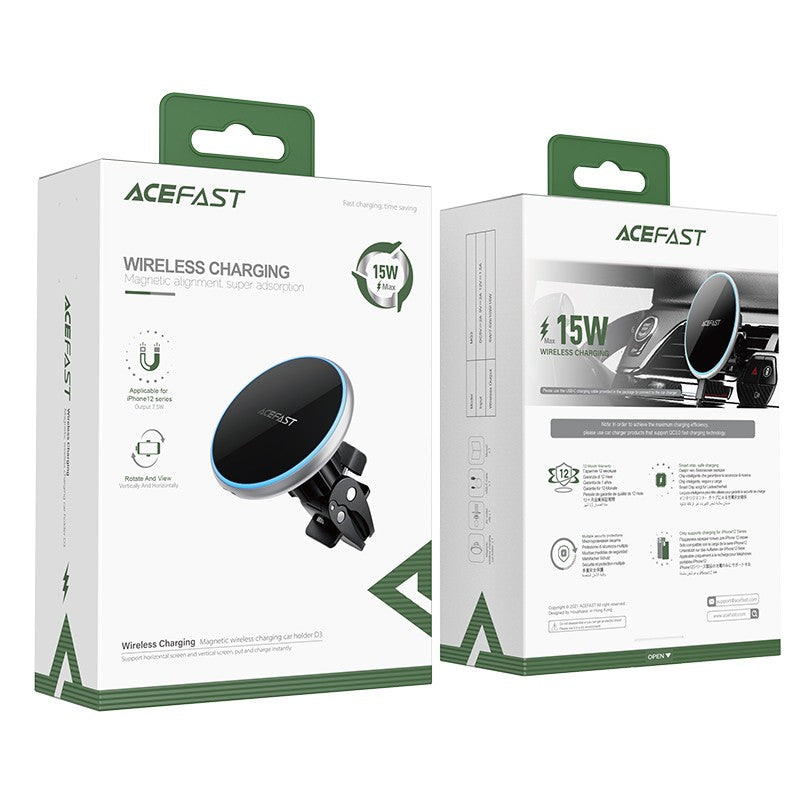 Įkroviklis-laikiklis magnetinis automobilinis Acefast D3 15W Magsafe, tvirtinamas ant ventiliacijos grotelių
