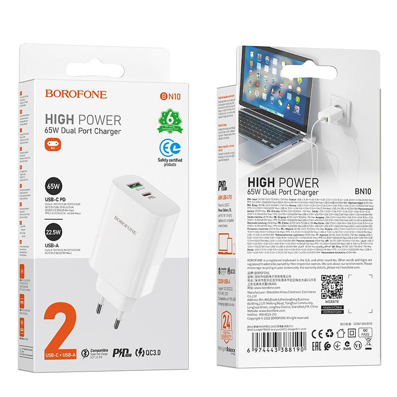 Įkroviklis Borofone BN10 Type-C 65W/USB-A 22.5W baltas