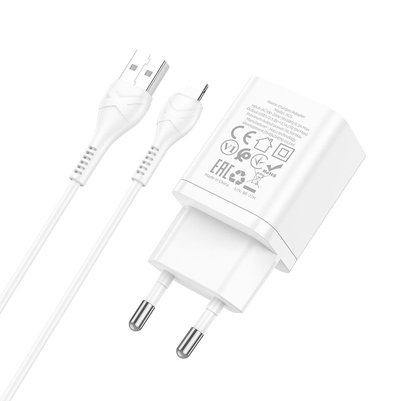 Įkroviklis Hoco N25 2xUSB-A (2.1A) + Lightning baltas