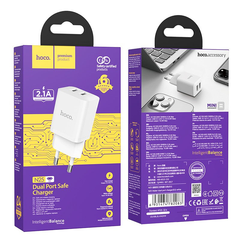Įkroviklis Hoco N25 2xUSB-A (2.1A) baltas
