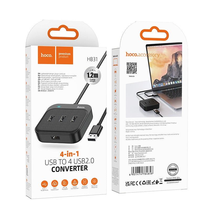 USB šakotuvas Hoco HB31 Easy 4-in-1 converter USB to 4xUSB2.0 1.2m juodas