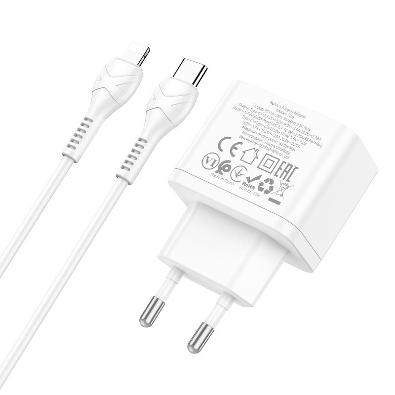 Įkroviklis Hoco N29 PD35W su dviem Type-C jungtimis + Lightning baltas