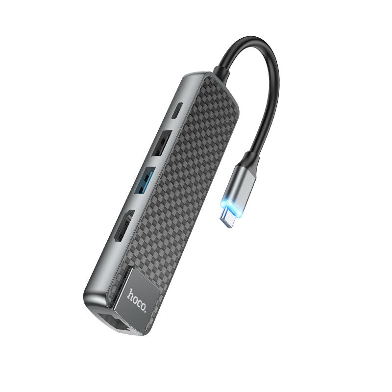 Adapteris Hoco HB23 Easy View Type-C to HDMI+USB3.0+USB2.0+RJ45+PD pilkas