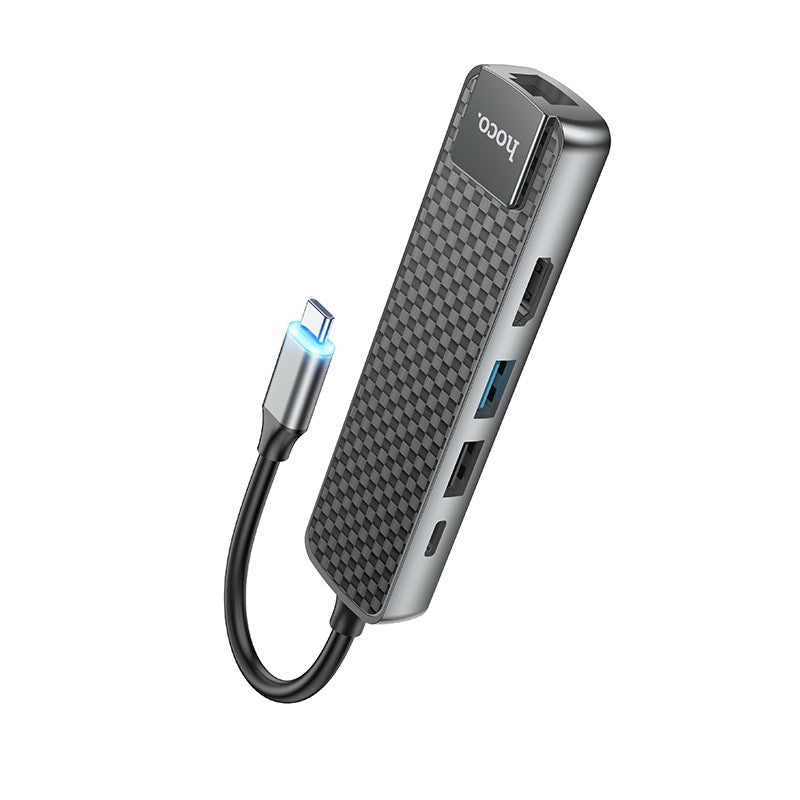 Adapteris Hoco HB23 Easy View Type-C to HDMI+USB3.0+USB2.0+RJ45+PD pilkas