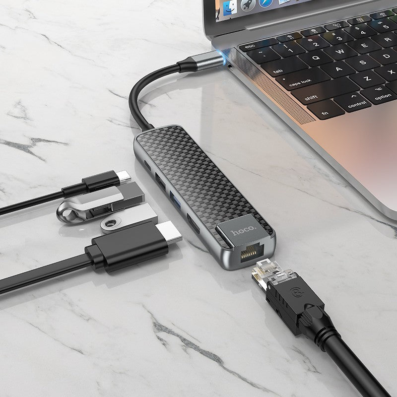 Adapteris Hoco HB23 Easy View Type-C to HDMI+USB3.0+USB2.0+RJ45+PD pilkas