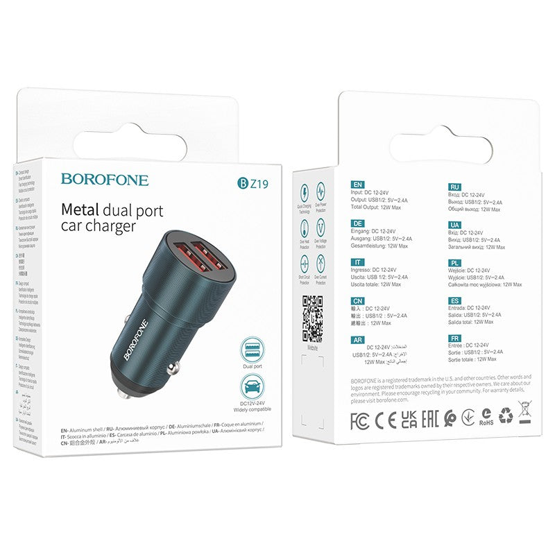 Automobilinis įkroviklis Borofone BZ19 Wisdom Dual Port mėlynas