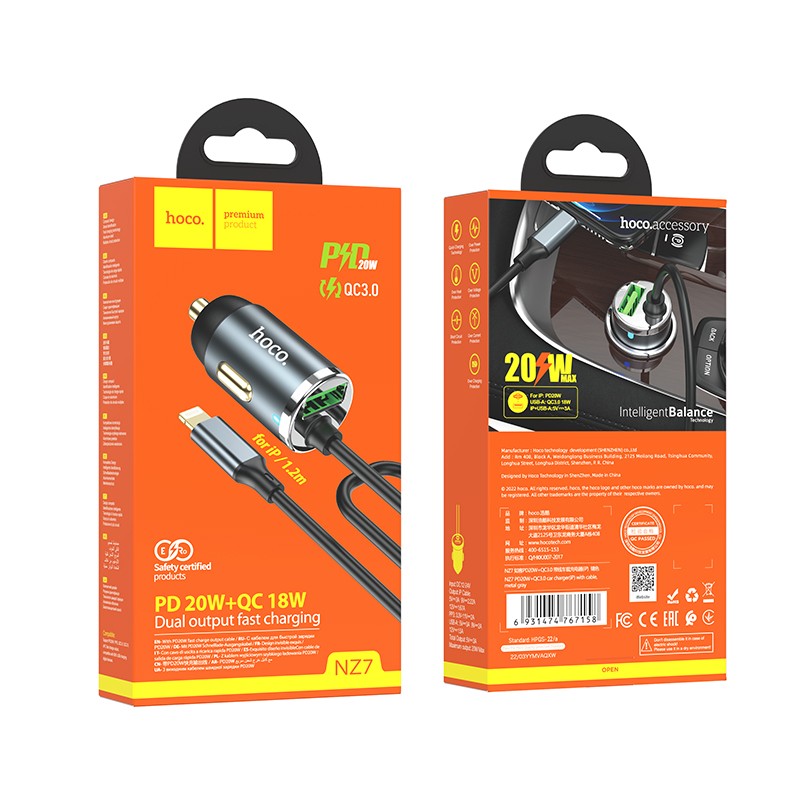 Automobilinis įkroviklis Hoco NZ7 PD20W+QC3.0 Lightning/USB-A