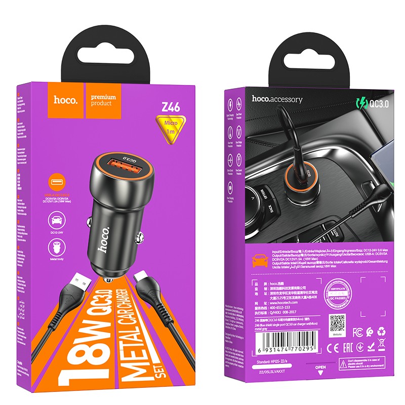 Automobilinis įkroviklis Hoco Z46 USB-A 18W QC3.0 + MicroUSB pilkas