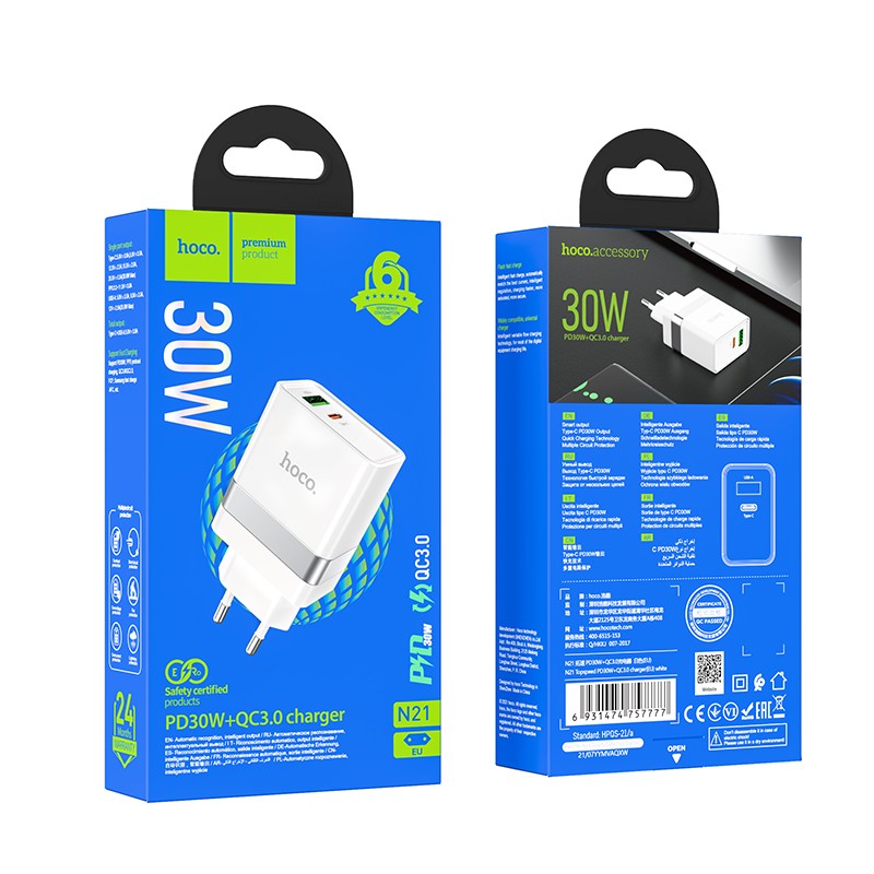 Įkroviklis Hoco N21 USB-A/Type-C PD30W+QC3.0 baltas