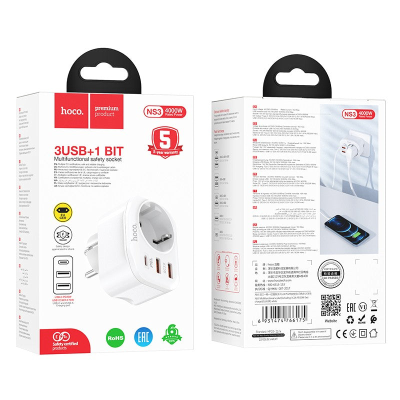 Įkroviklis Hoco NS3 2xUSB-A/1xType-C PD20W+QC 3.0 baltas